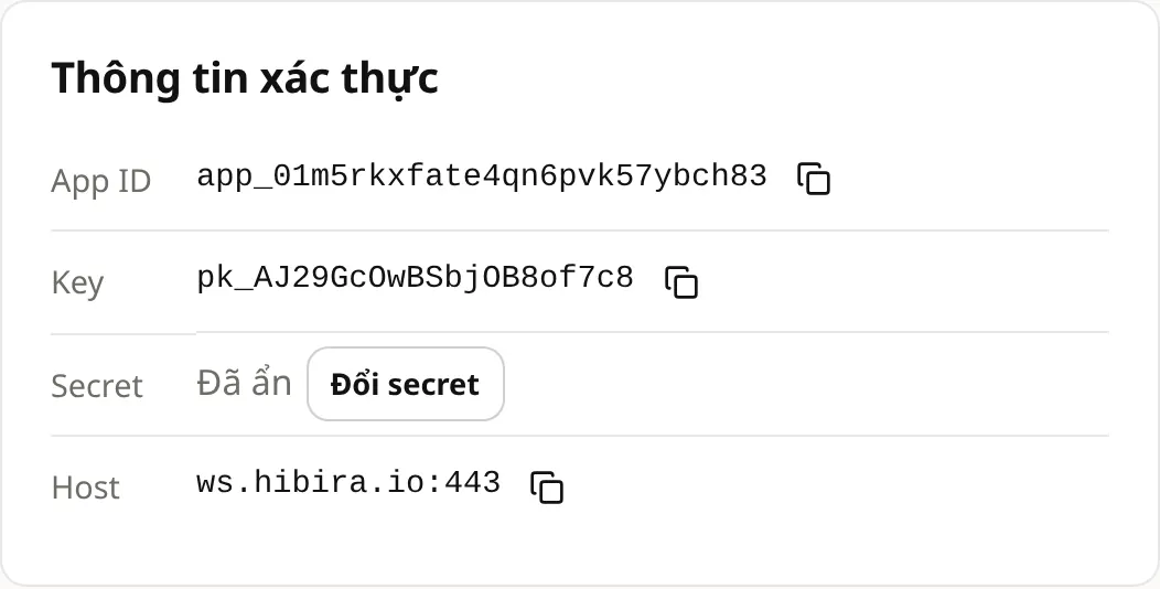 App ID, key và secret trên trang ứng dụng