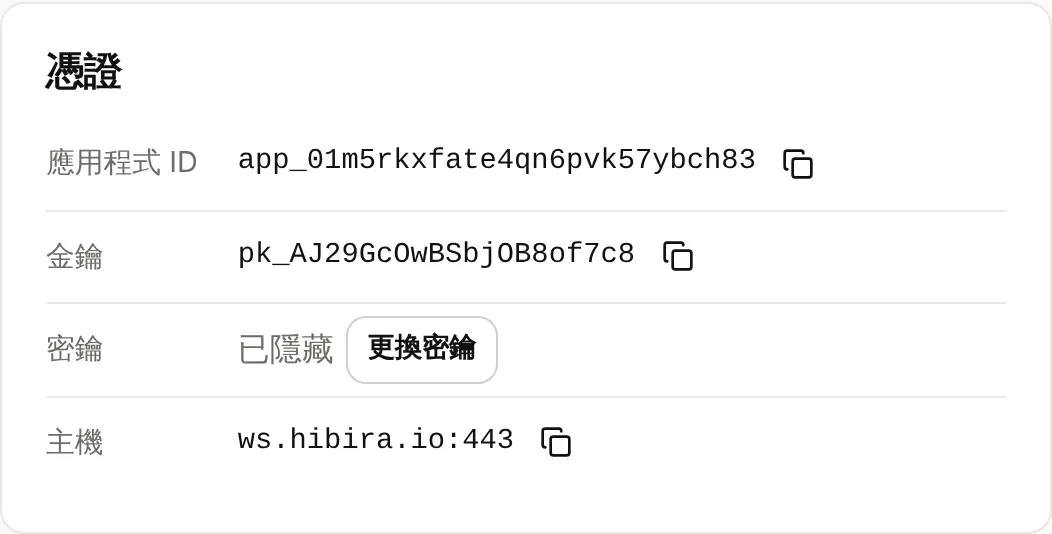 App 頁面上的 App ID、key 與 secret