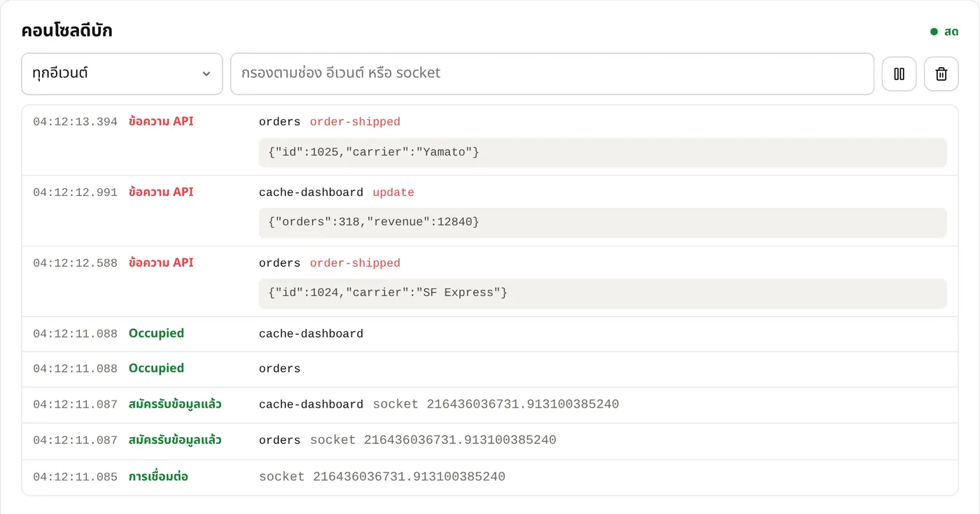 Debug console: การเชื่อมต่อ การสมัคร และทุกอีเวนต์ที่เผยแพร่ แบบสด