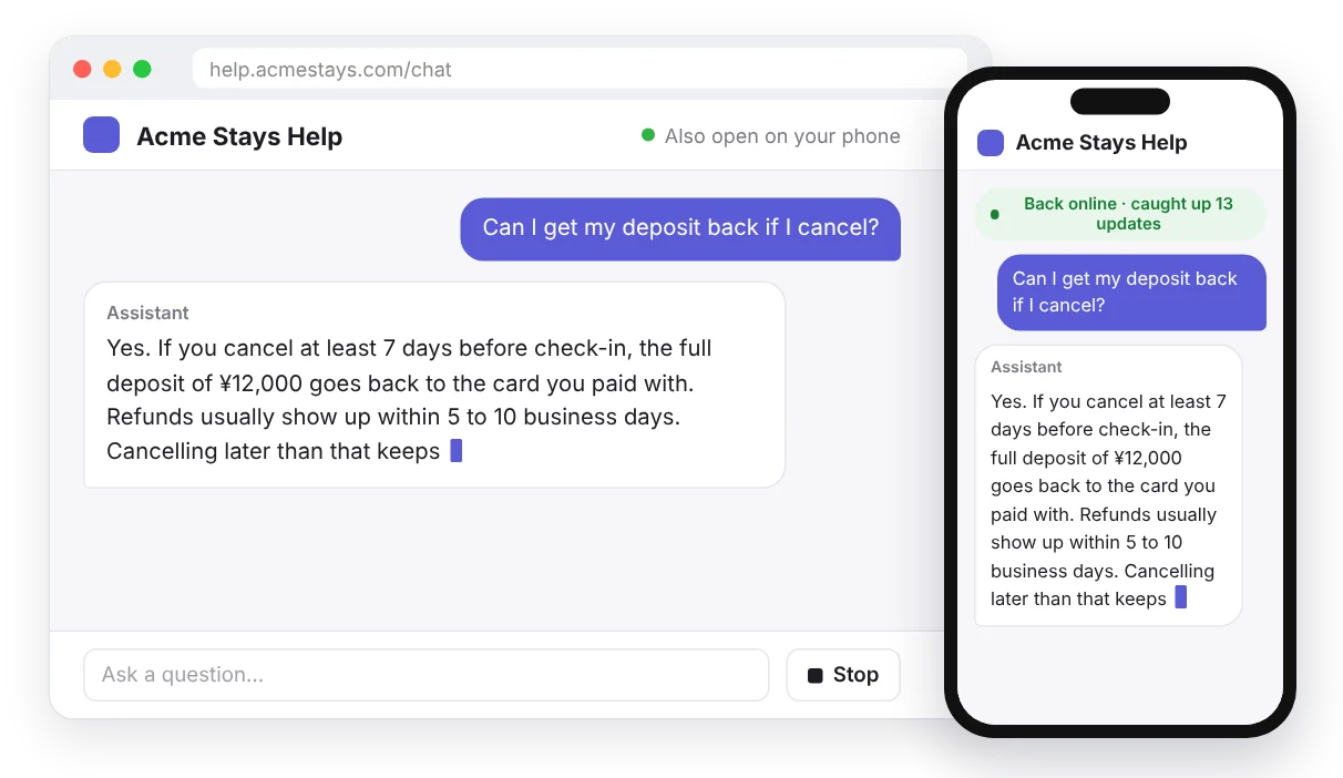 A demo assistant: the same answer streams into a laptop and a phone, and the phone catches up after it reconnects.