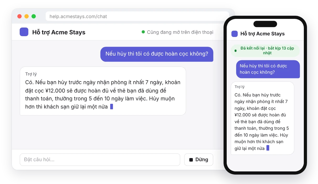 Trợ lý demo: cùng một câu trả lời được truyền tới laptop và điện thoại, điện thoại bắt kịp sau khi kết nối lại.