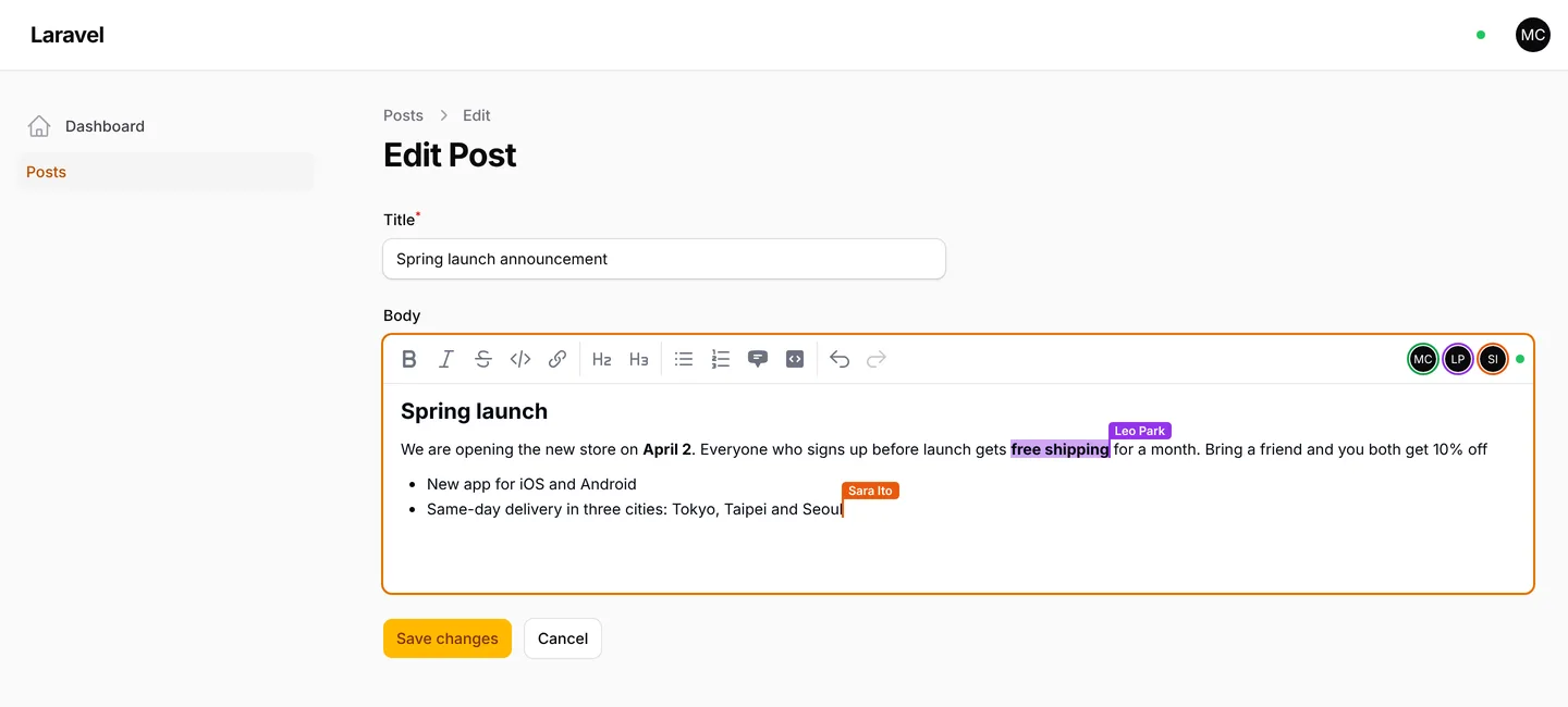 Three people editing the same post: each one has a named cursor, and their avatars show above the field.