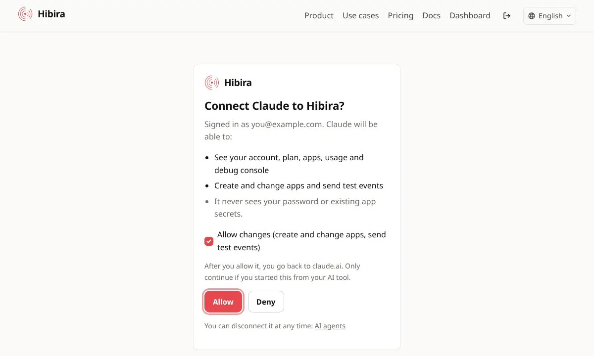 The Hibira page that asks whether to connect the AI tool, with read access and an optional Allow changes box