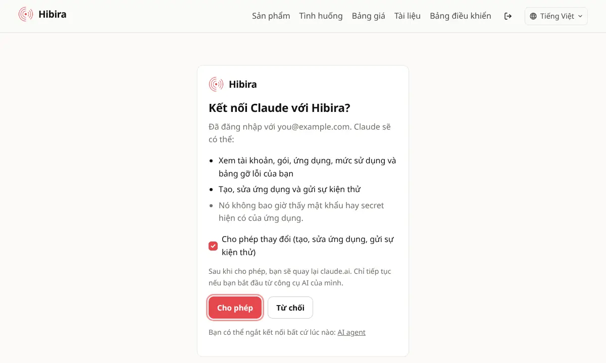 Trang Hibira hỏi có kết nối công cụ AI hay không, với quyền đọc và ô "Cho phép thay đổi" tùy chọn